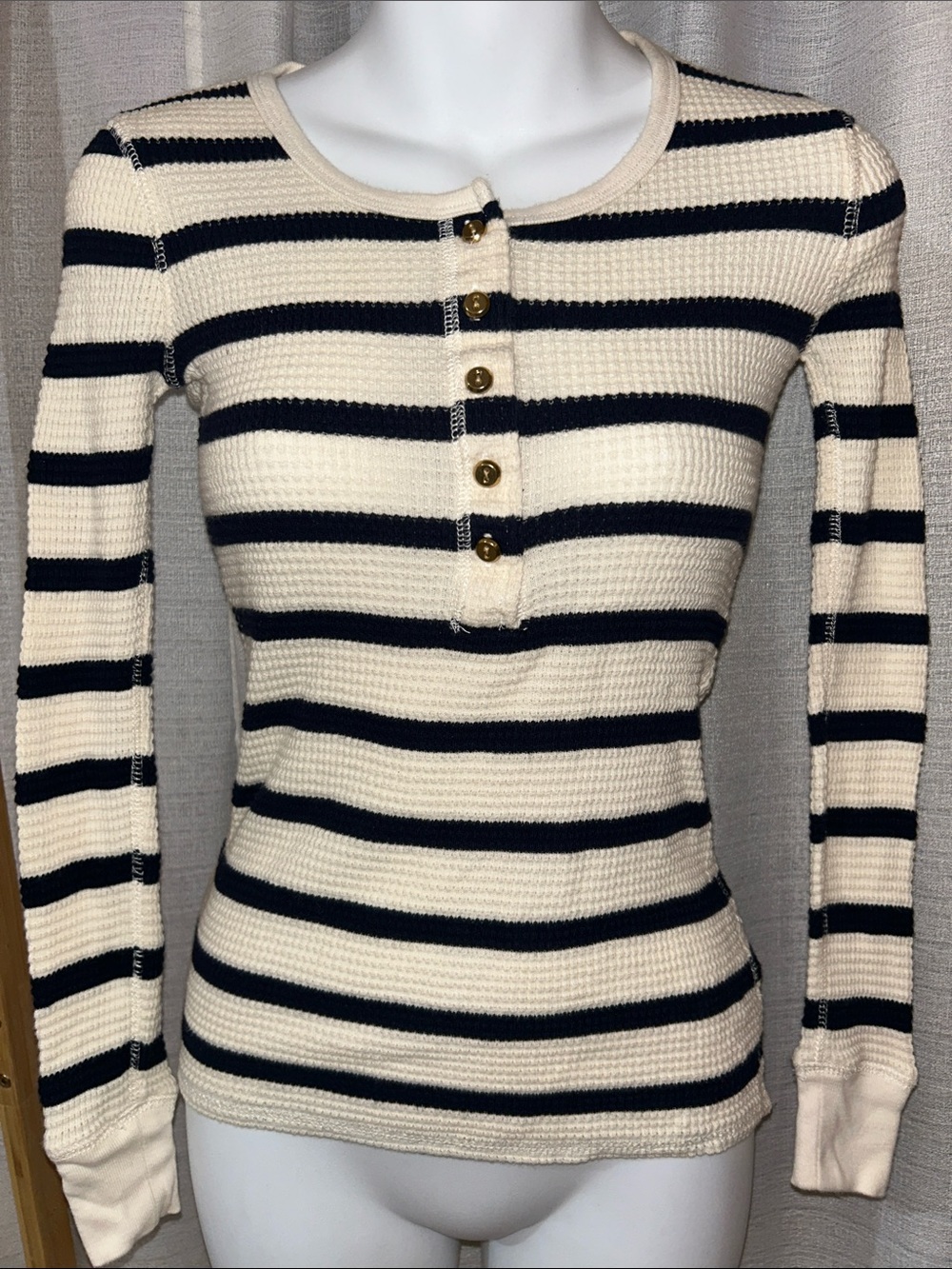J. Crew Cream and Navy Striped Crew Henley Sweater